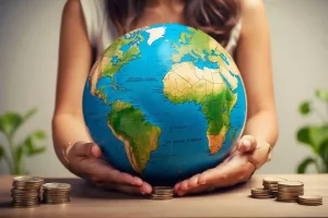 a-woman-holding-an-earth-globe-on-a-table-with-coins